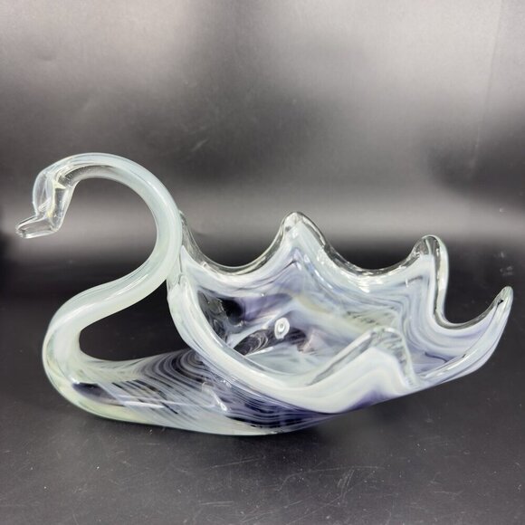 Slag Art Glass Duck Swan Glass Dish Bowl Centerpiece Multicolor Swirls Glassware - Picture 8 of 10